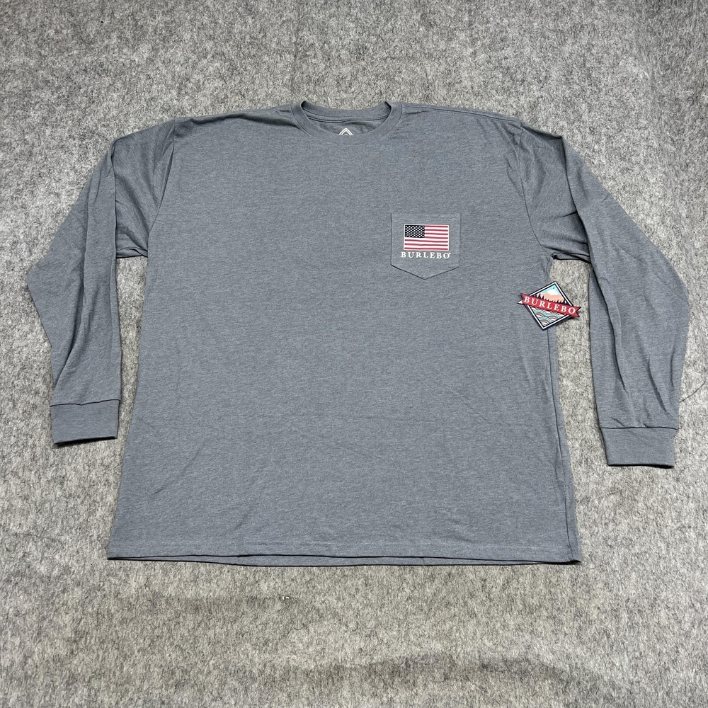 Burlebo Shirt Mens 2XL Gray Long Sleeve Pocket Reagan JFK USA Flag Tee Casual *